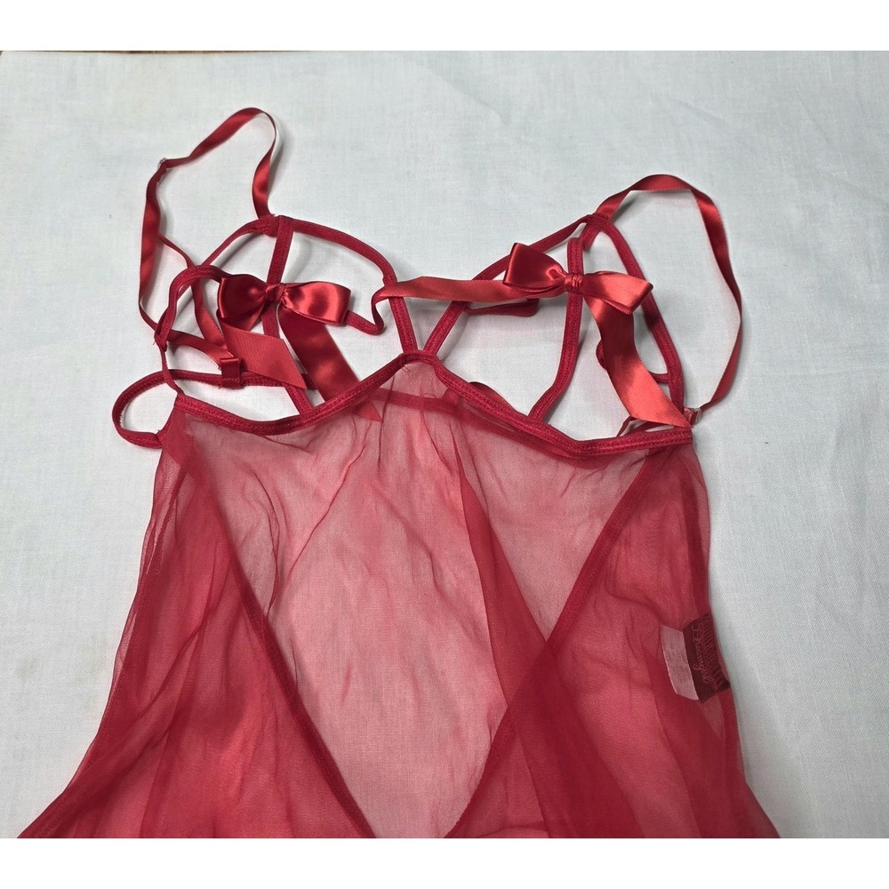 Vtg Dreamgirl Lingerie Babydoll Gown Queen O/S Red Sheer Mesh Bow Strappy Plus - Picture 5 of 11